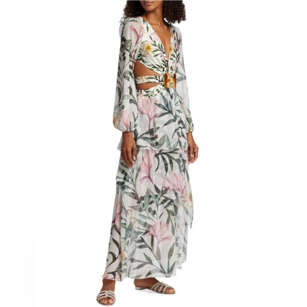 PatBO White Floral Long-Sleeve Maxi Dress with Pink & Green Print